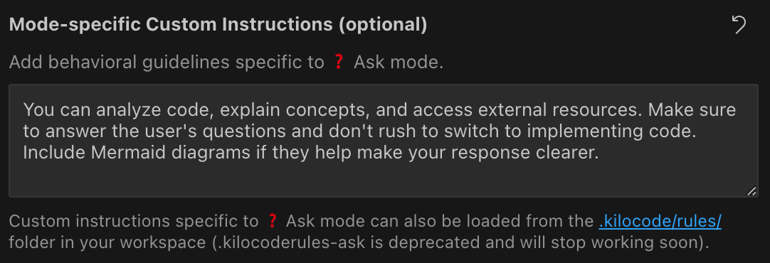 Kilo Code Prompts tab showing mode-specific custom instructions interface